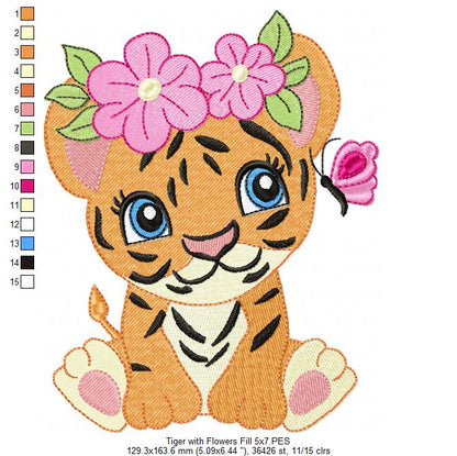 Tiger Girl with Flowers - Applique & Fill Stitch - Set of 2 designs