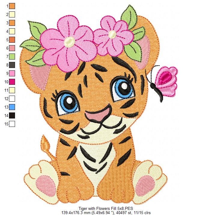 Tiger Girl with Flowers - Applique & Fill Stitch - Set of 2 designs