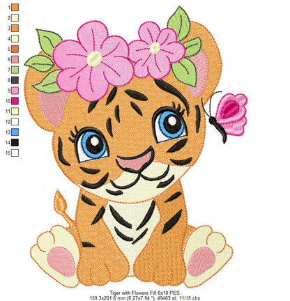Tiger Girl with Flowers - Applique & Fill Stitch - Set of 2 designs