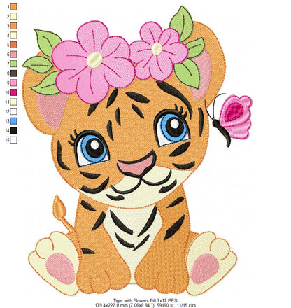 Tiger Girl with Flowers - Applique & Fill Stitch - Set of 2 designs