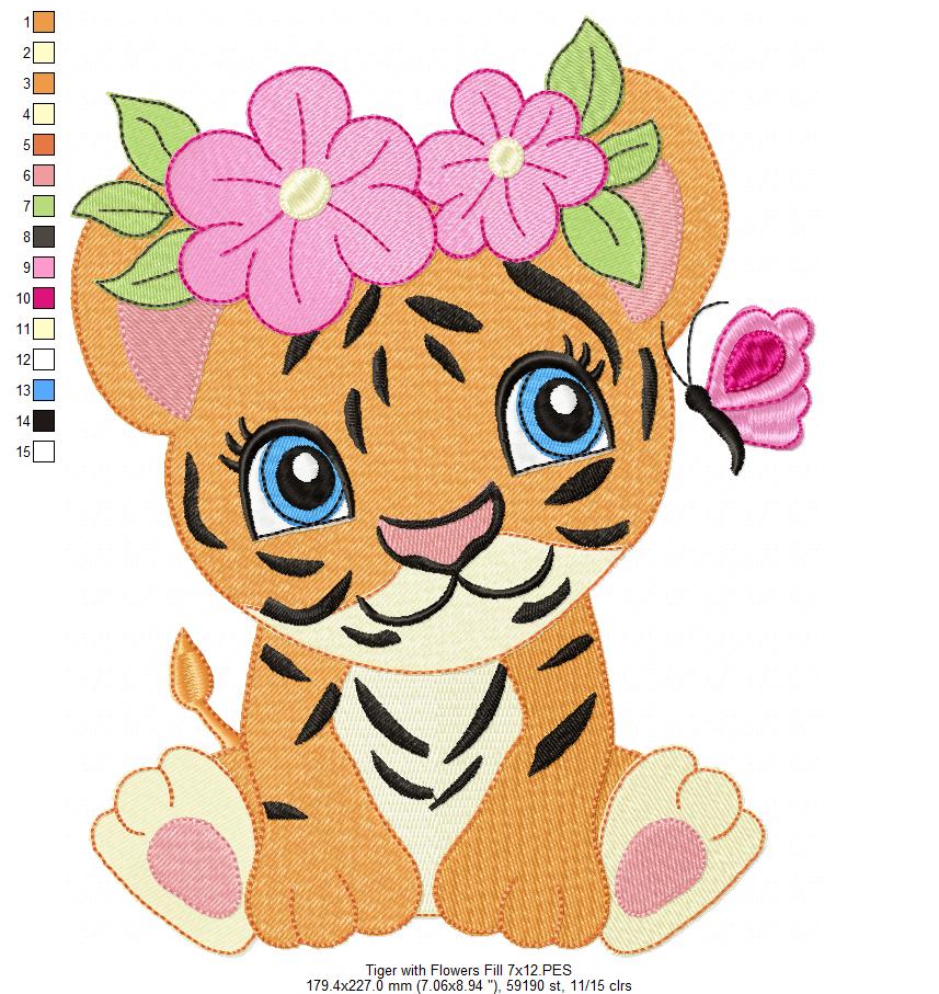 Tiger Girl with Flowers - Applique & Fill Stitch - Set of 2 designs
