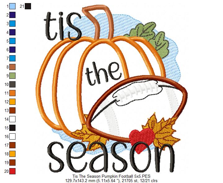 Tis The Season Pumpkin Football - Applique - Machine Embroidery Design