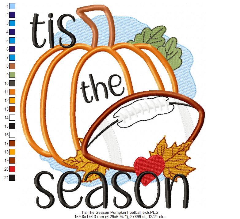 Tis The Season Pumpkin Football - Applique - Machine Embroidery Design