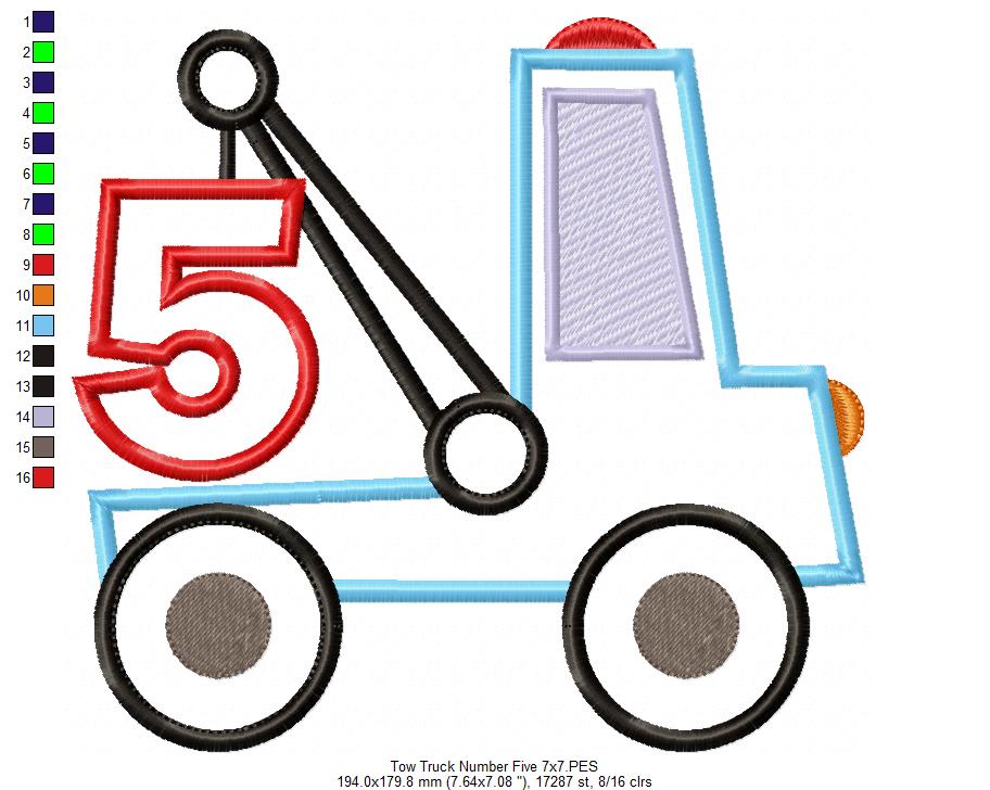 Tow Truck Birthday Numbers - Set of 9 designs - Applique