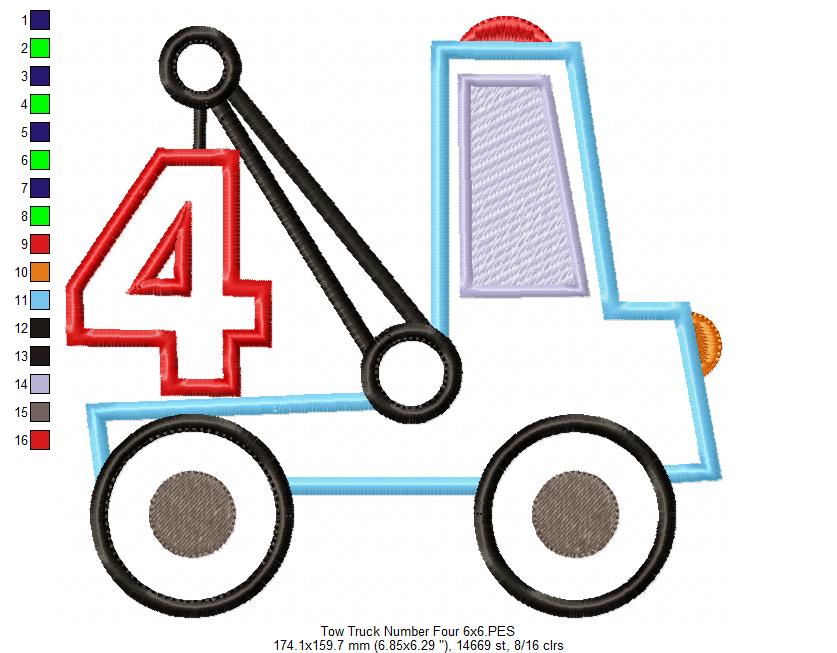 Tow Truck Birthday Numbers - Set of 9 designs - Applique