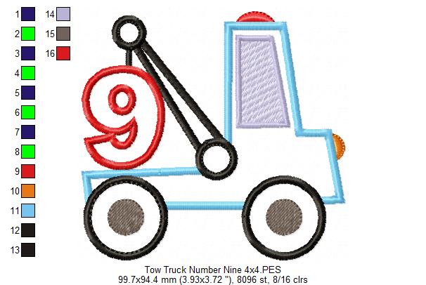 Tow Truck Birthday Number 9 Nine 9th Birthday - Applique