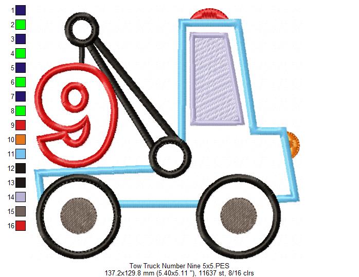Tow Truck Birthday Number 9 Nine 9th Birthday - Applique