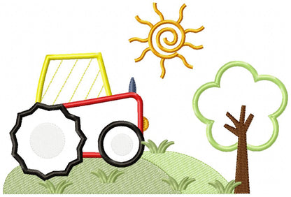 Farm Tractor and Tree  - Applique - Machine Embroidery Design