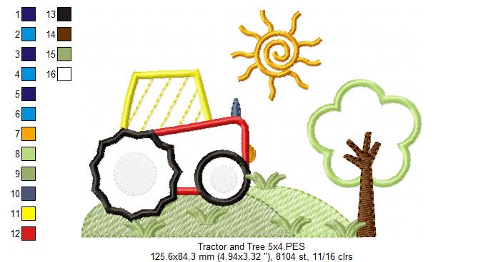 Farm Tractor and Tree  - Applique - Machine Embroidery Design