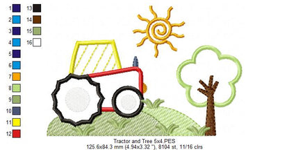 Farm Tractor and Tree  - Applique - Machine Embroidery Design