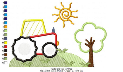 Farm Tractor and Tree  - Applique - Machine Embroidery Design