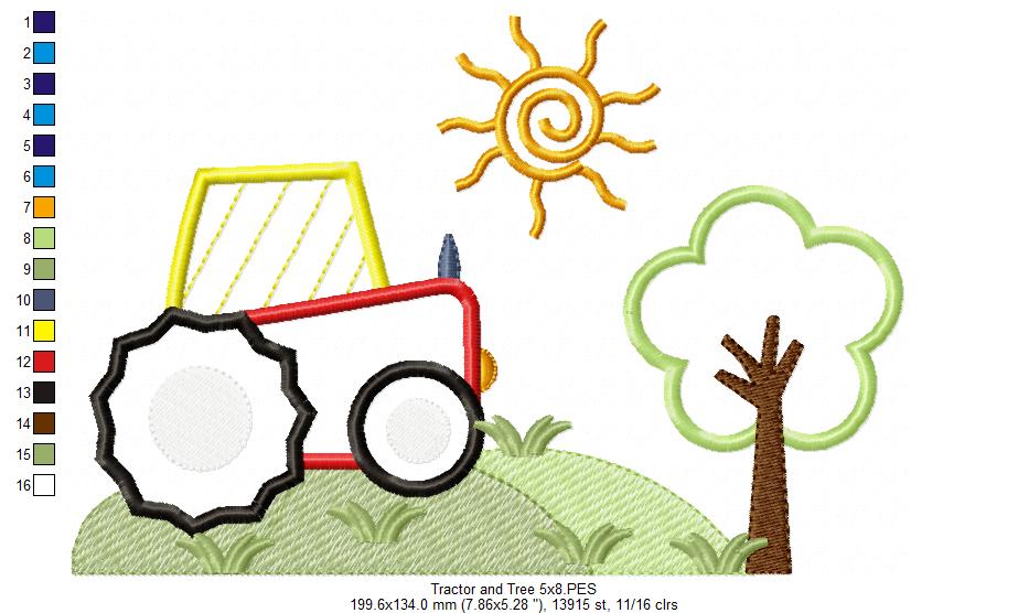 Farm Tractor and Tree  - Applique - Machine Embroidery Design