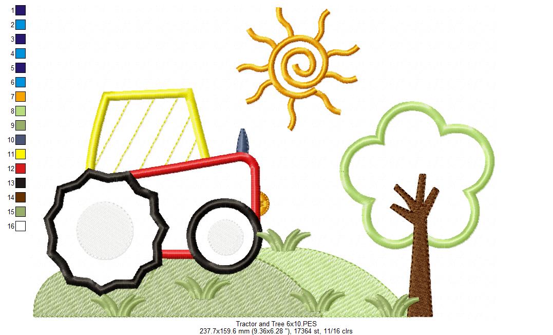 Farm Tractor and Tree  - Applique - Machine Embroidery Design