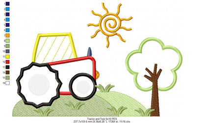 Farm Tractor and Tree  - Applique - Machine Embroidery Design
