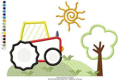 Farm Tractor and Tree  - Applique - Machine Embroidery Design