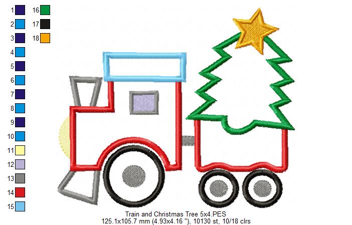 Christmas Train and Tree - Applique - Machine Embroidery Design