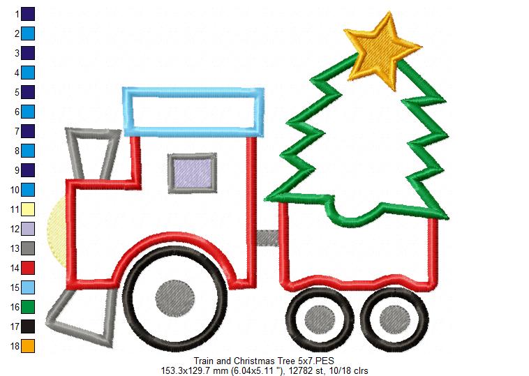 Christmas Train and Tree - Applique - Machine Embroidery Design