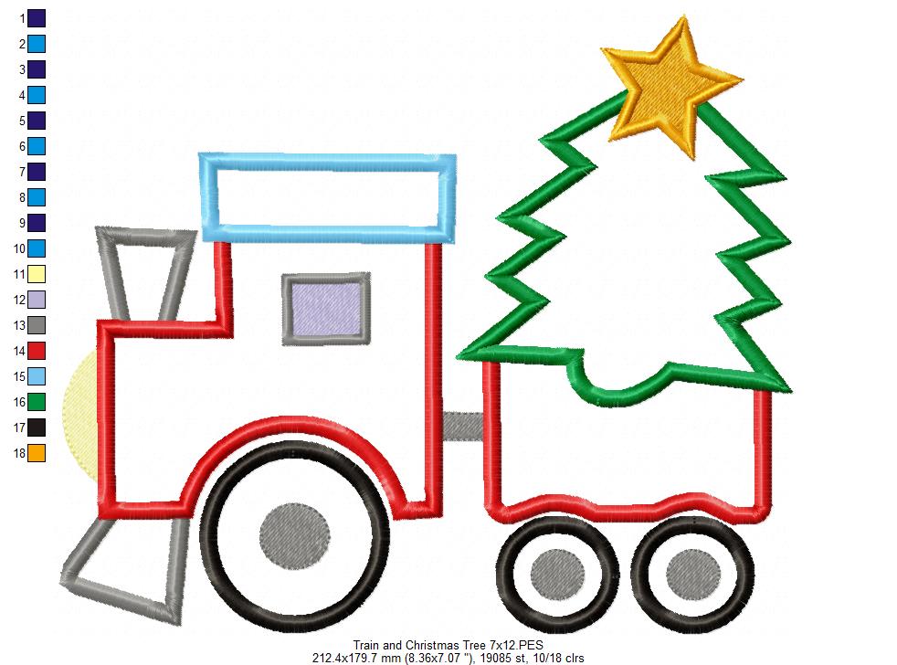 Christmas Train and Tree - Applique - Machine Embroidery Design