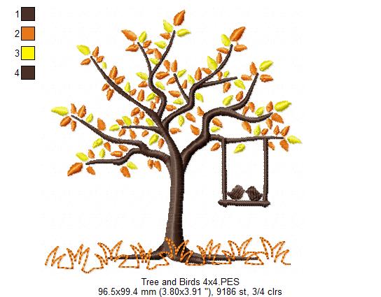 Tree and Birds in Love - Fill Stitch - Machine Embroidery Design