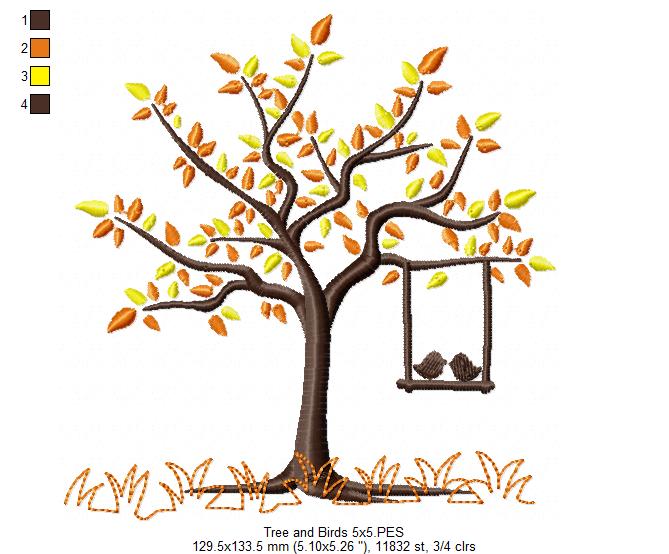 Tree and Birds in Love - Fill Stitch - Machine Embroidery Design