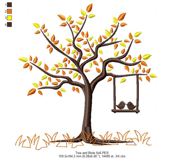 Tree and Birds in Love - Fill Stitch - Machine Embroidery Design