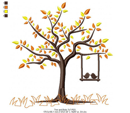 Tree and Birds in Love - Fill Stitch - Machine Embroidery Design