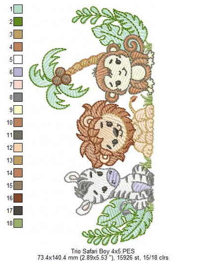 Animals Safari Zebra, Lion and Monkey - Fill Stitch - Machine Embroidery Design