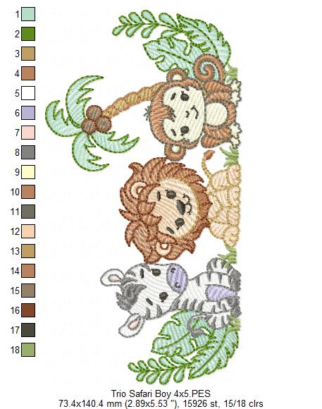 Animals Safari Zebra, Leo and Monkey - Fill Stitch - Machine Embroidery Design