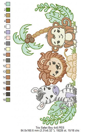 Animals Safari Zebra, Lion and Monkey - Fill Stitch - Machine Embroidery Design