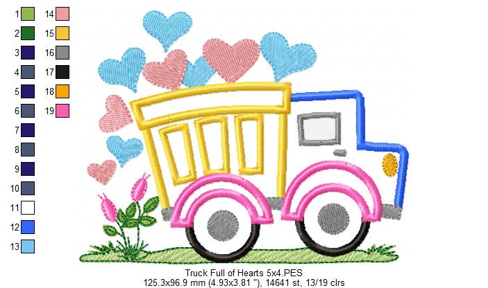 Love Truck Full of Hearts - Applique Embroidery