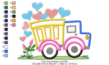Love Truck Full of Hearts - Applique Embroidery