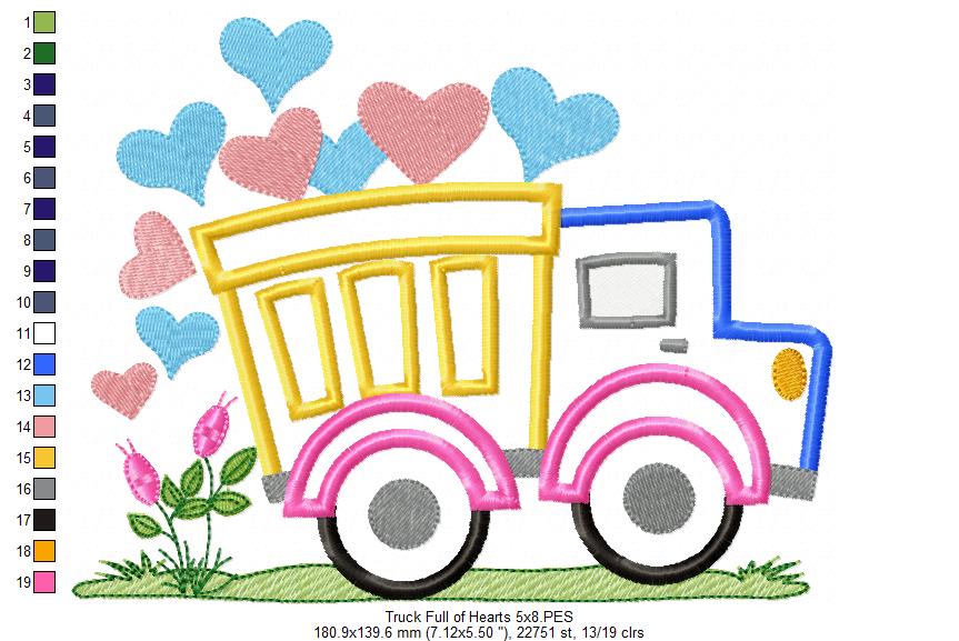 Love Truck Full of Hearts - Applique Embroidery