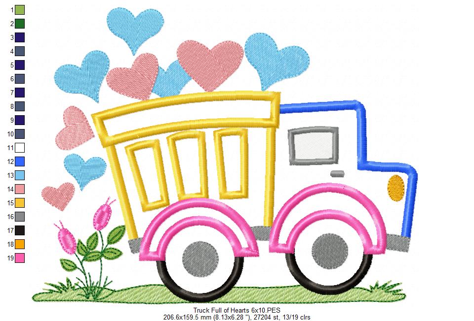 Love Truck Full of Hearts - Applique Embroidery