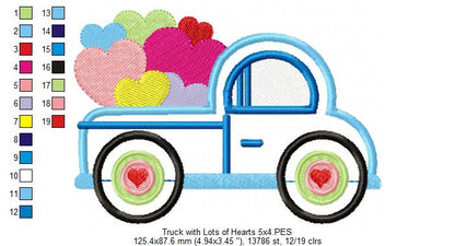 Truck with Lots of Hearts - Applique - Machine Embroidery Design