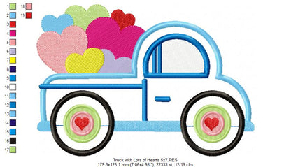 Truck with Lots of Hearts - Applique - Machine Embroidery Design