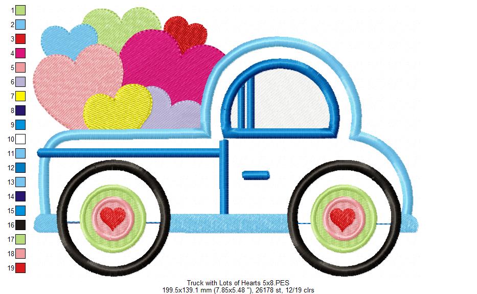Truck with Lots of Hearts - Applique - Machine Embroidery Design