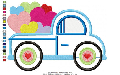 Truck with Lots of Hearts - Applique - Machine Embroidery Design