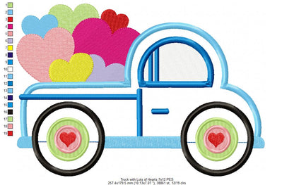 Truck with Lots of Hearts - Applique - Machine Embroidery Design
