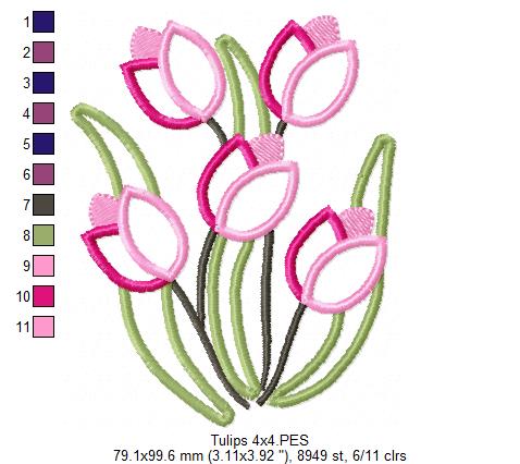 Sweet Tulip Bouquet - Applique - Machine Embroidery Design