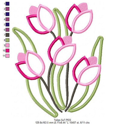 Sweet Tulip Bouquet - Applique - Machine Embroidery Design