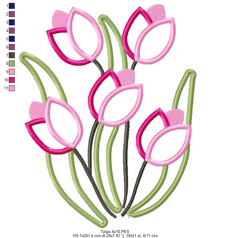 Sweet Tulip Bouquet - Applique - Machine Embroidery Design