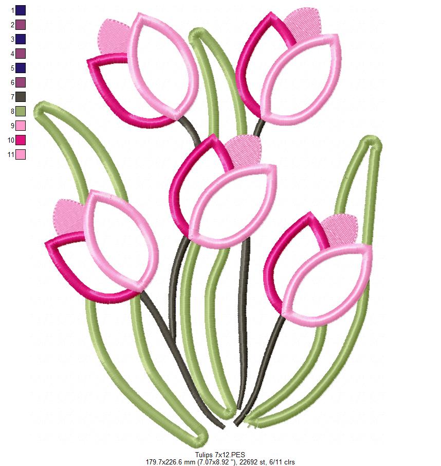 Sweet Tulip Bouquet - Applique - Machine Embroidery Design