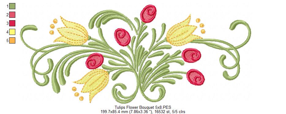 Tulips Flower Bouquet - Fill Stitch - Machine Embroidery Design