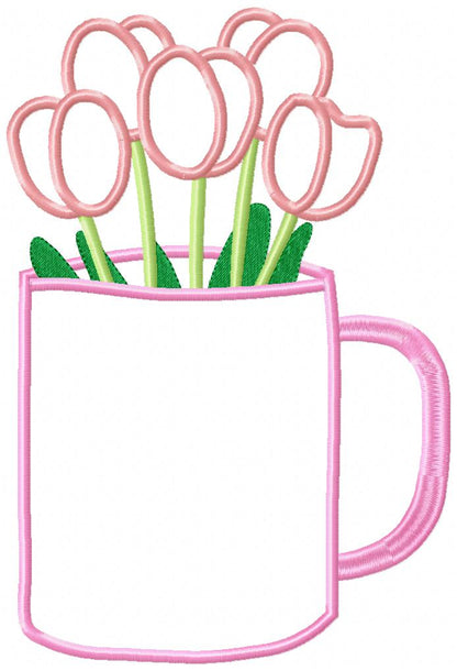 Tulips in a Mug Vase - Applique - Machine Embroidery Design