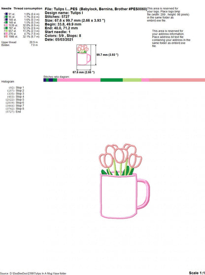 Tulips in a Mug Vase - Applique - Machine Embroidery Design