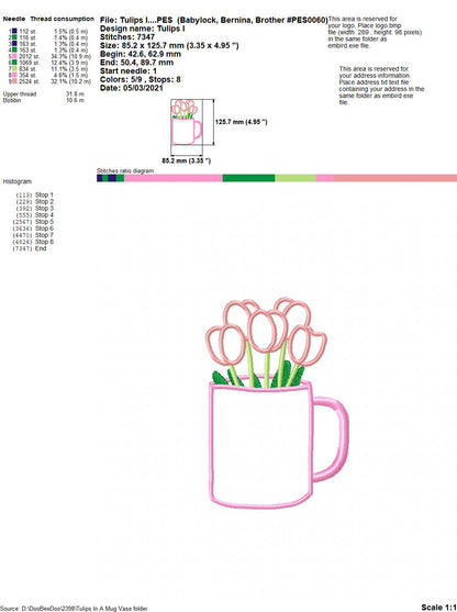 Tulips in a Mug Vase - Applique - Machine Embroidery Design