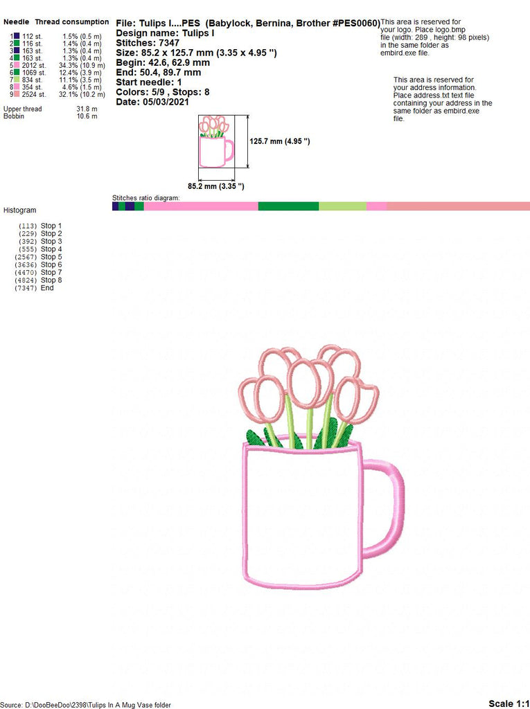 Tulips in a Mug Vase - Applique - Machine Embroidery Design