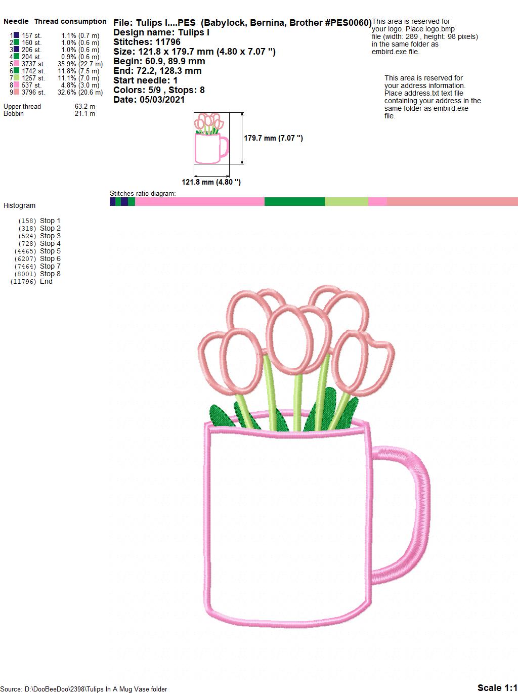 Tulips in a Mug Vase - Applique - Machine Embroidery Design