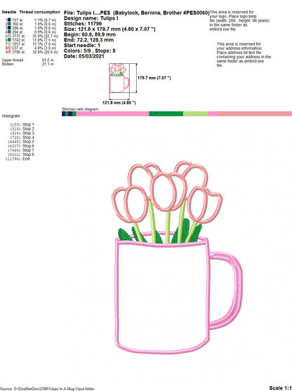 Tulips in a Mug Vase - Applique - Machine Embroidery Design