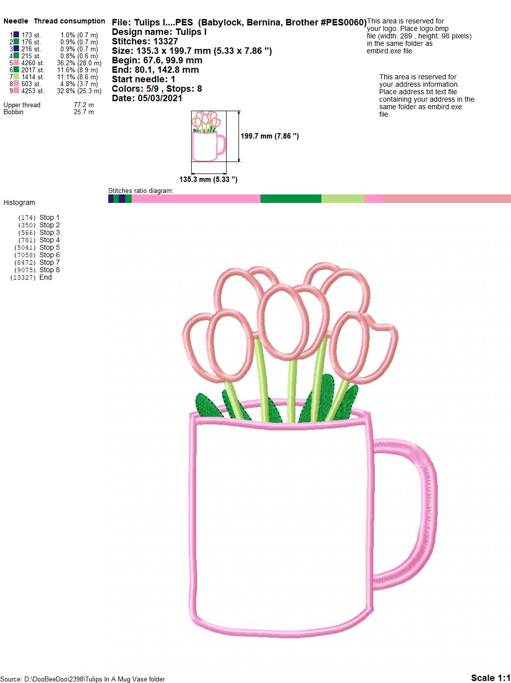 Tulips in a Mug Vase - Applique - Machine Embroidery Design